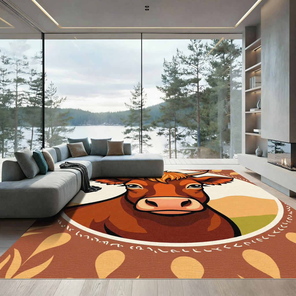 Earthy Brown Cow Portrait Border Rug
