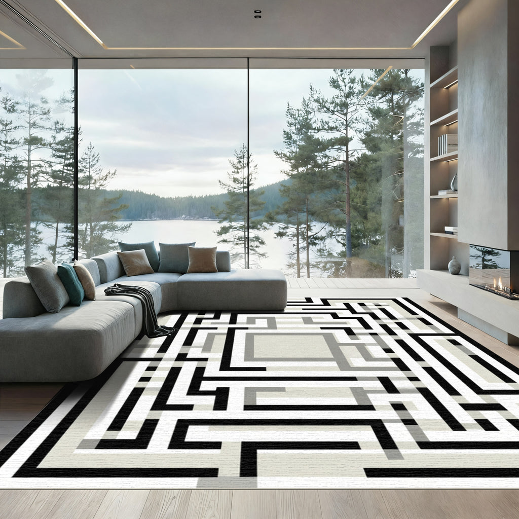 Geometric Maze Black White Cream Layers Rug