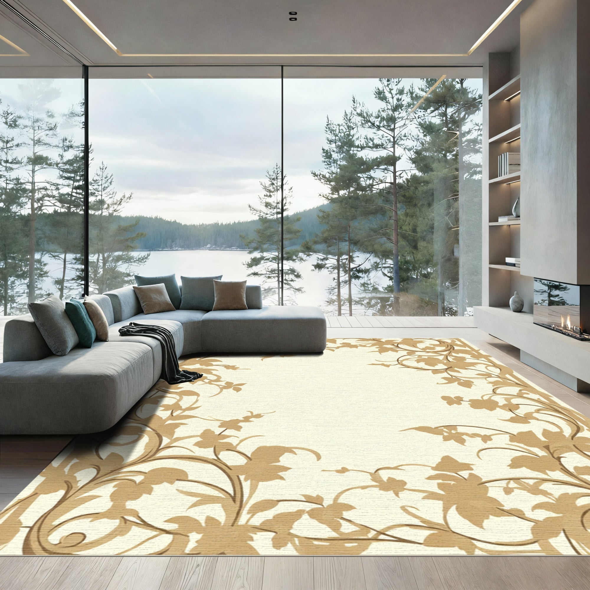 Golden Floral Vine Border Rug