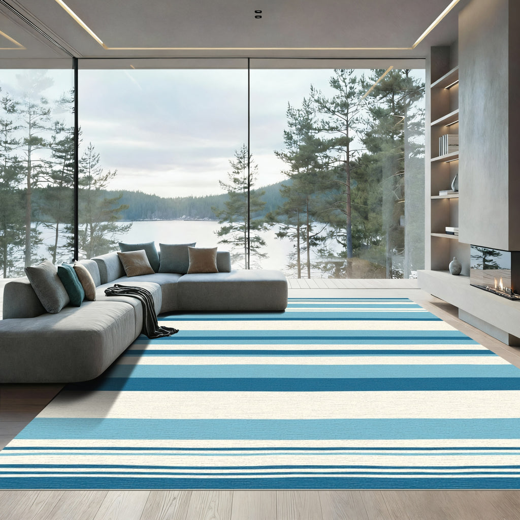 Ocean Blue Cream Horizontal Stripe Rug