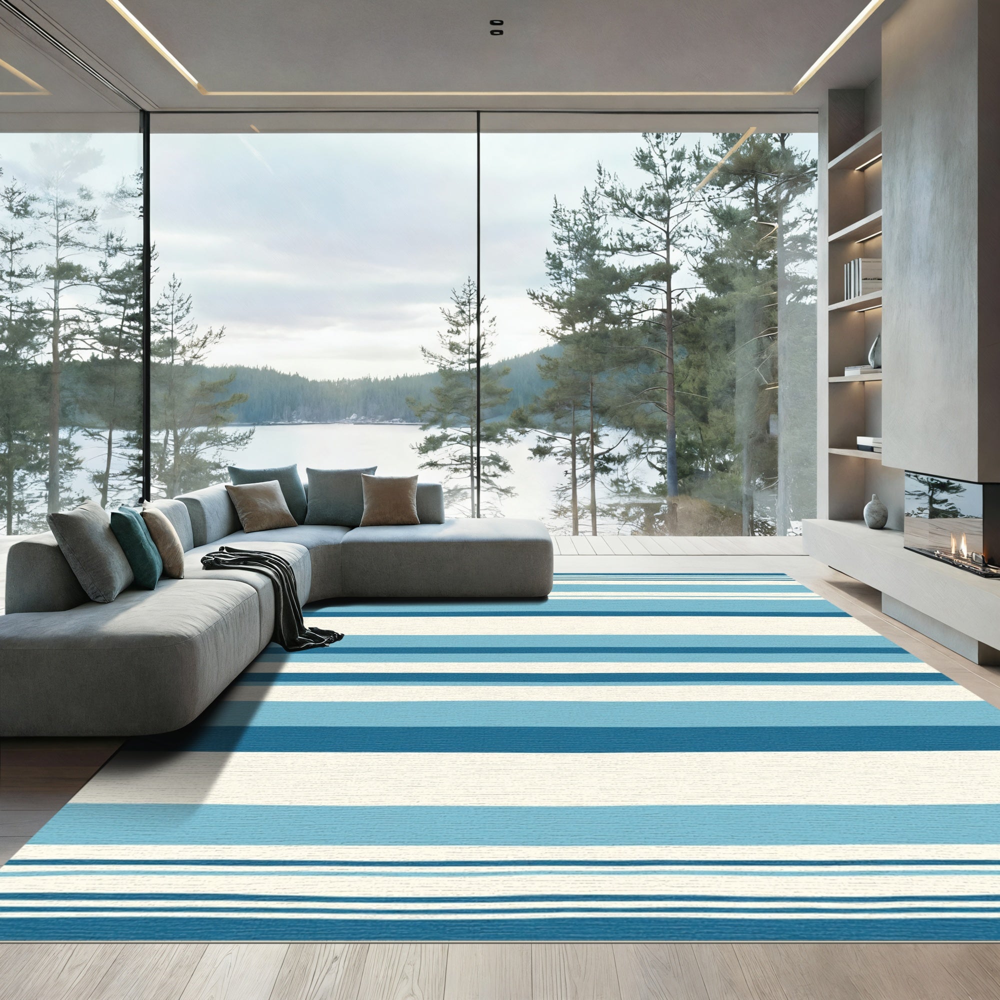 Ocean Blue Cream Horizontal Stripe Rug