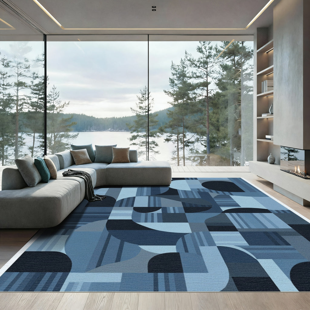 Cool Blue Abstract Geometric Harmony Rug