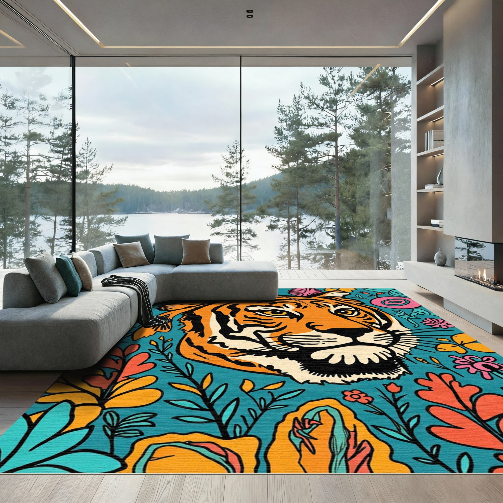 Vibrant Orange Tiger Floral Burst Rug