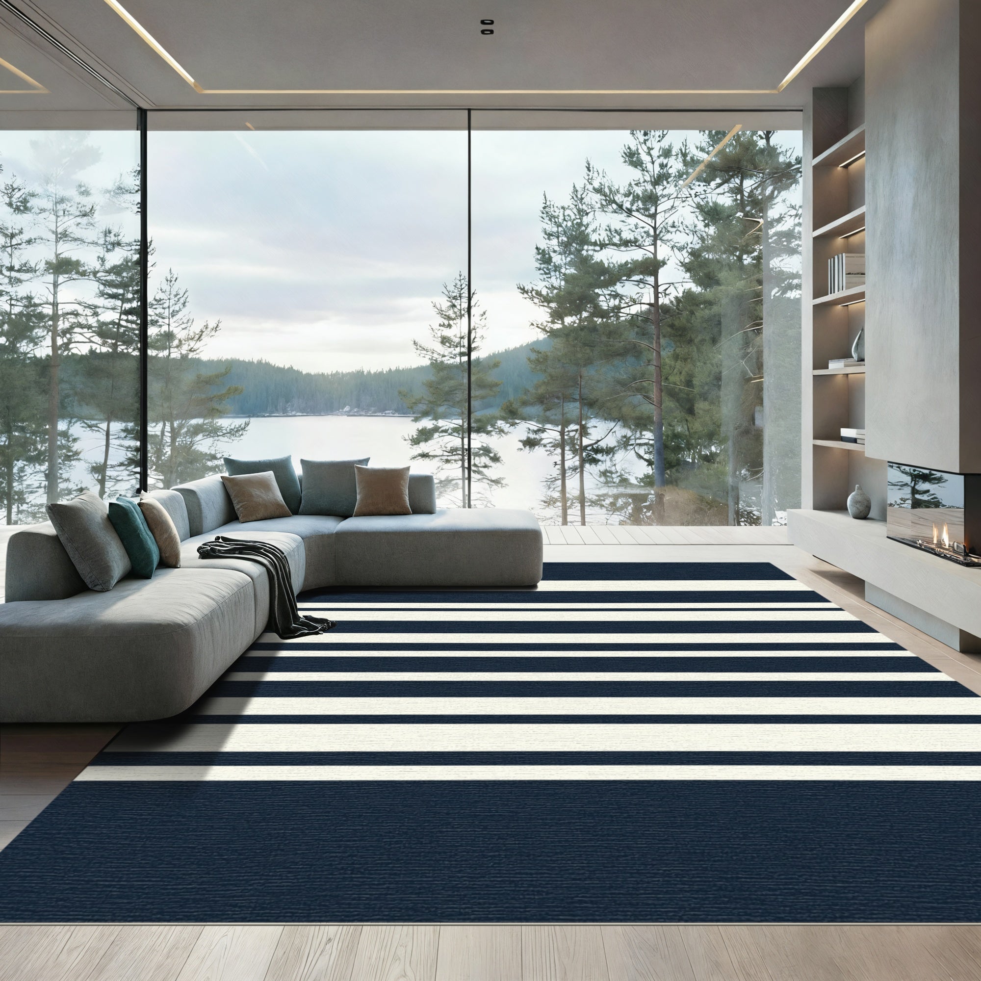 Classic Navy Ivory Horizontal Stripe Rug