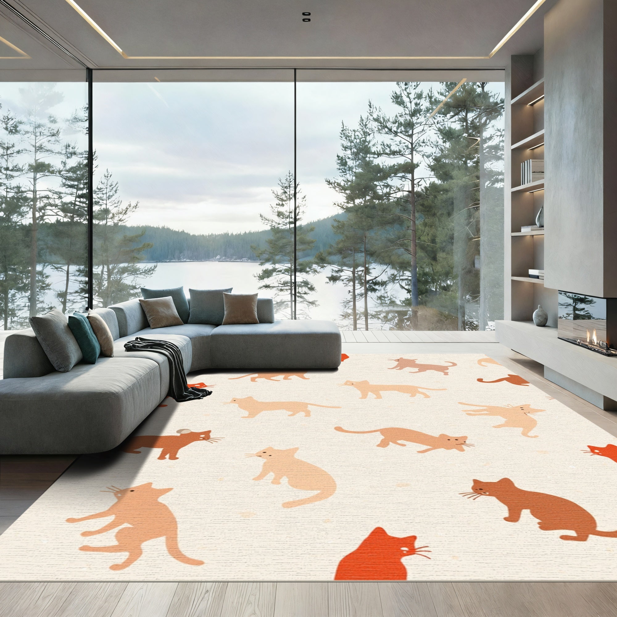 Whimsical Cat Mice Terracotta Silhouette Rug