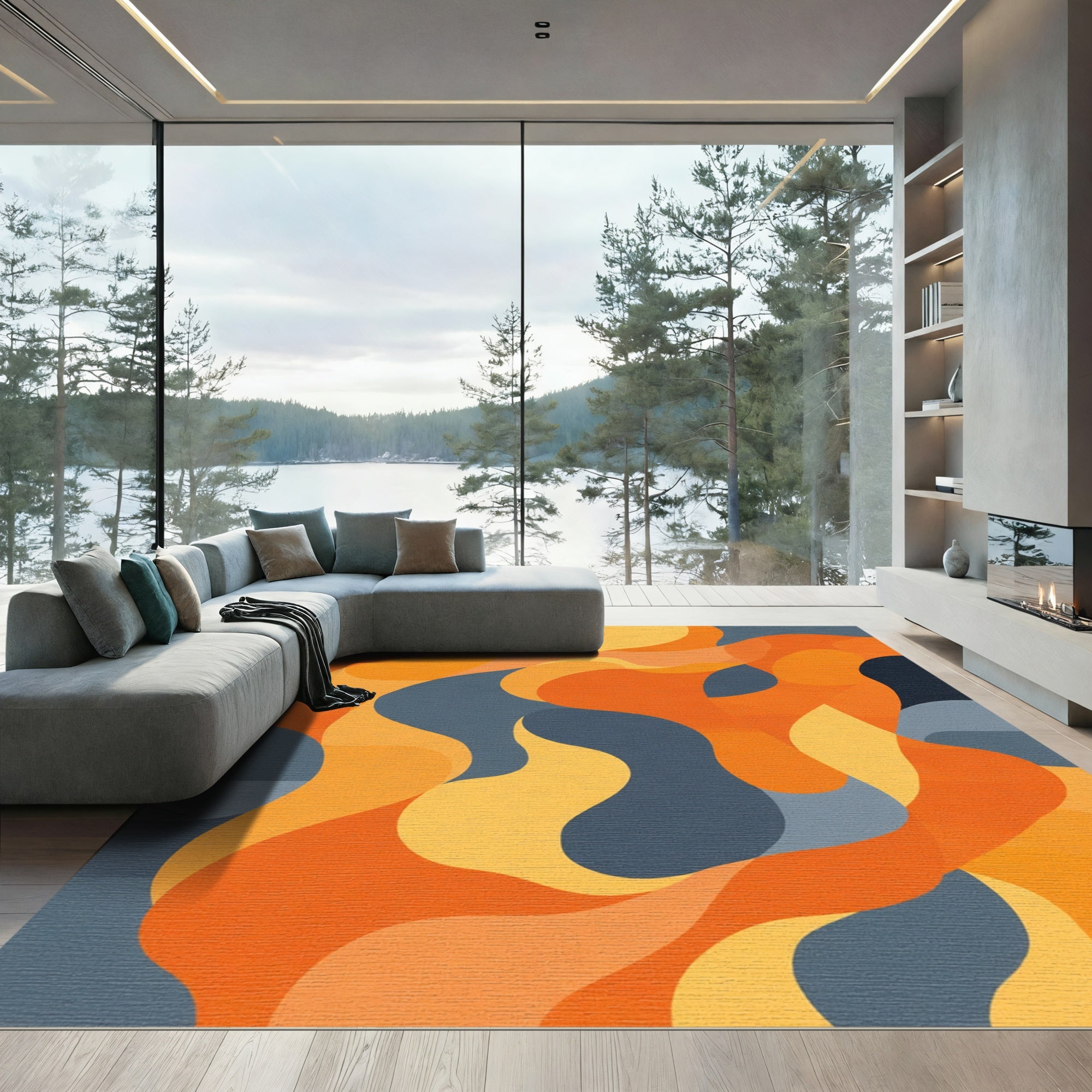 Organic Orange And Gray Abstract Flow Rug