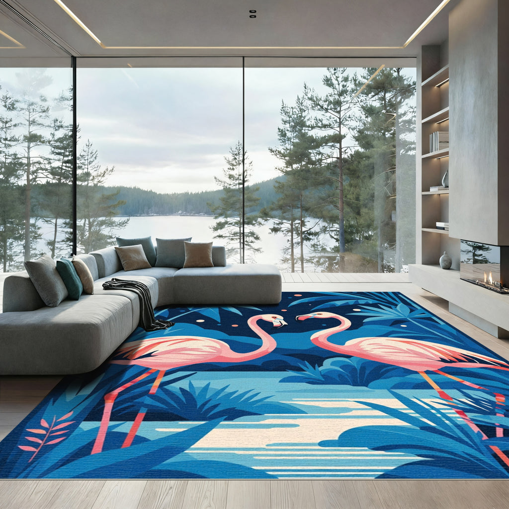 Pink Flamingos Amidst Blue Tropical Foliage Rug