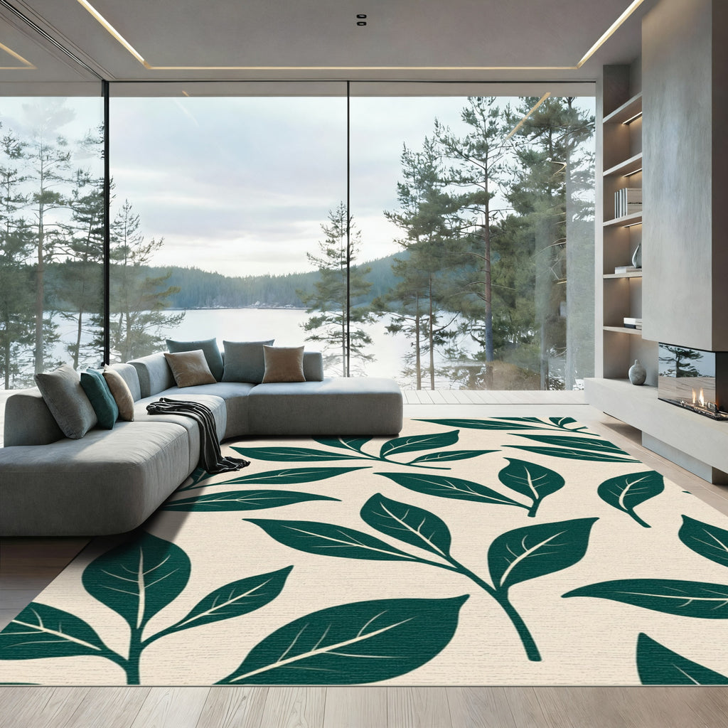 Emerald Green Branch Foliage Cream Rug