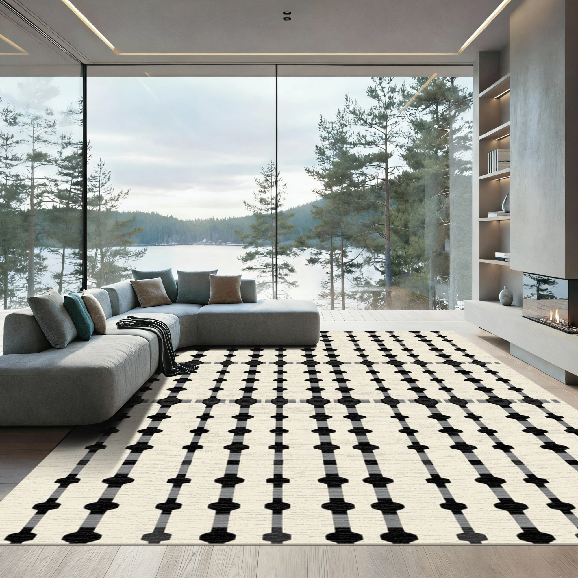 Black Gray Interlocking Geometric Grid Rug