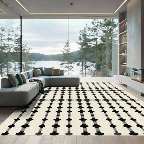 Black Gray Interlocking Geometric Grid Rug