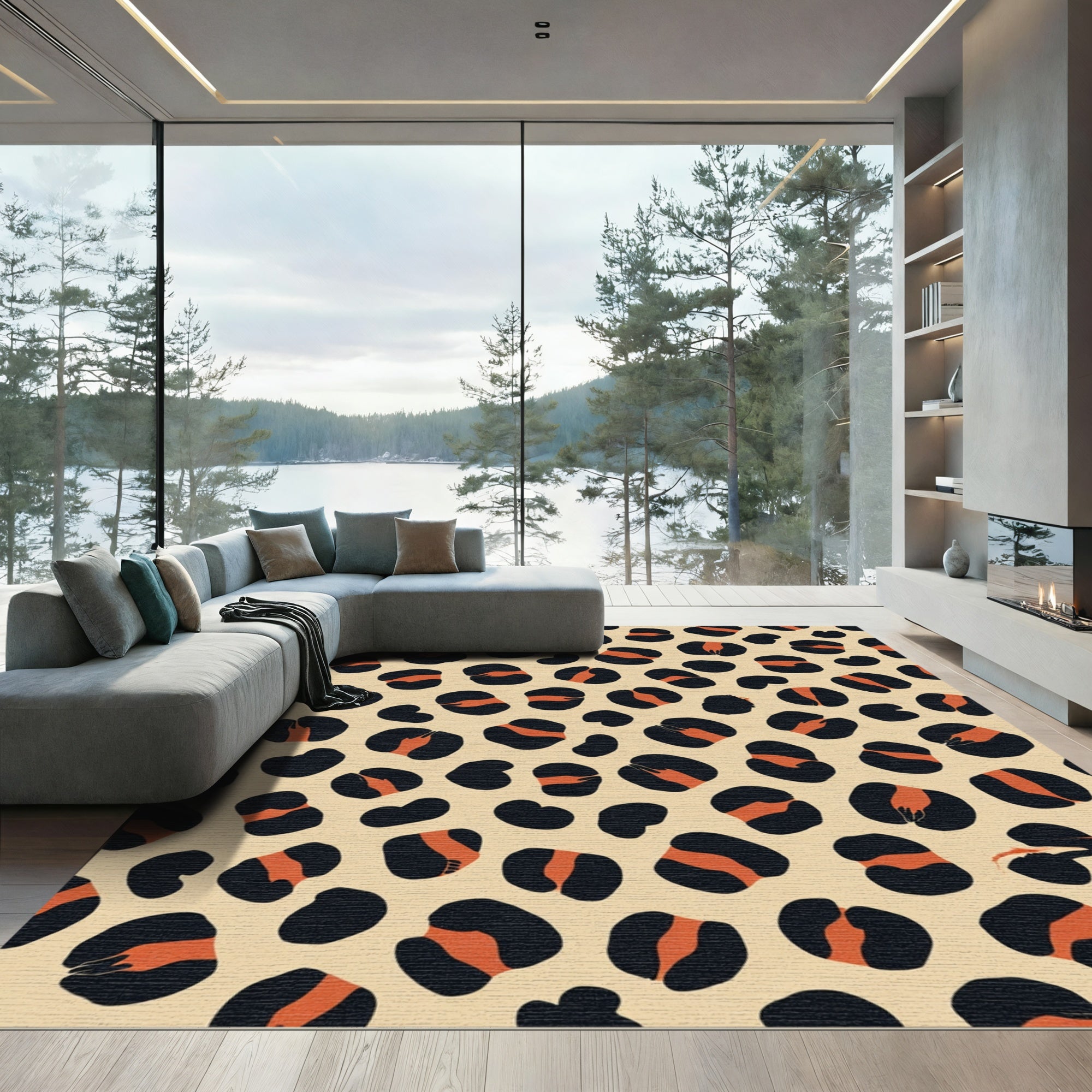 Bold Black Orange Leopard Spots Rug