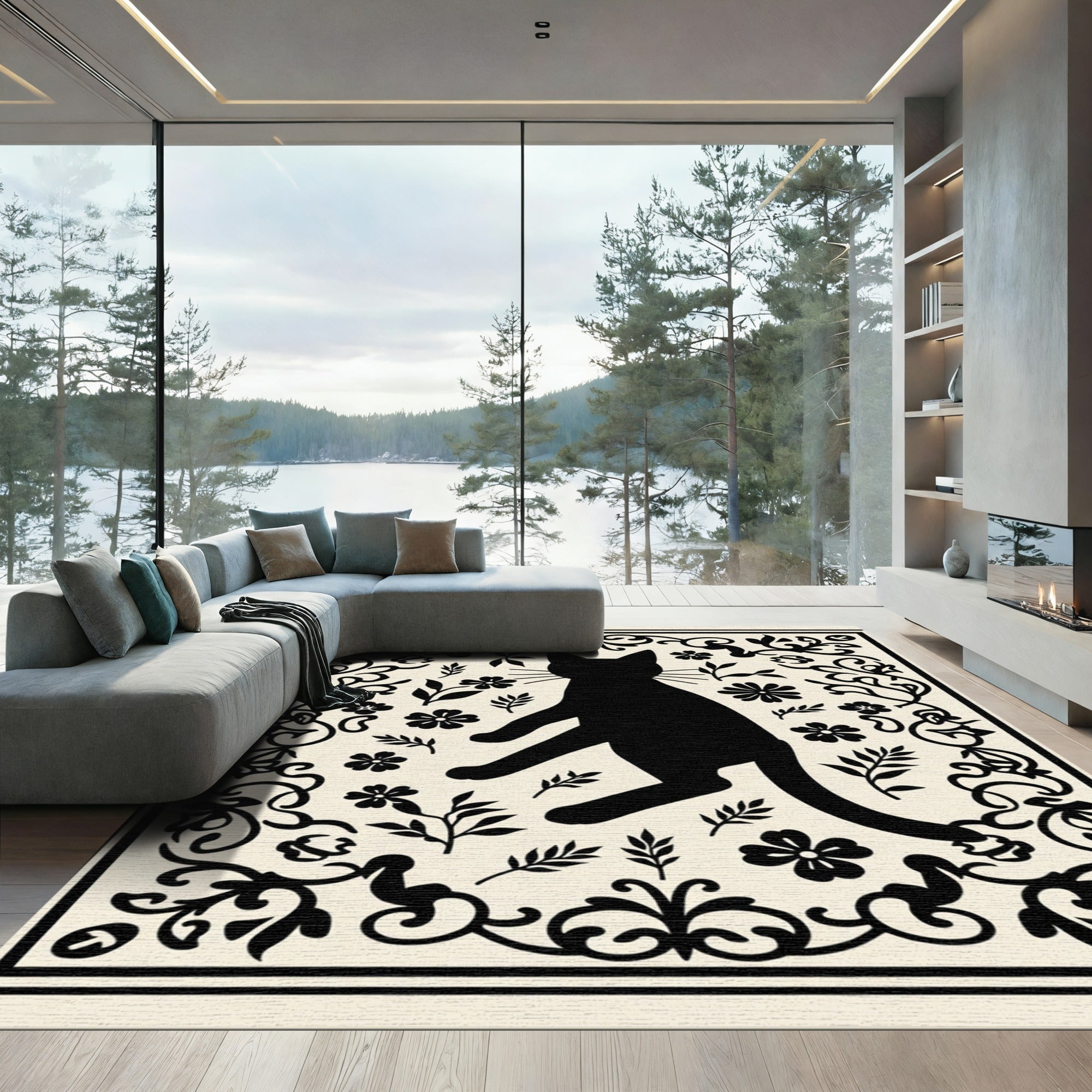 Black Cat Floral Vine Border Design Rug