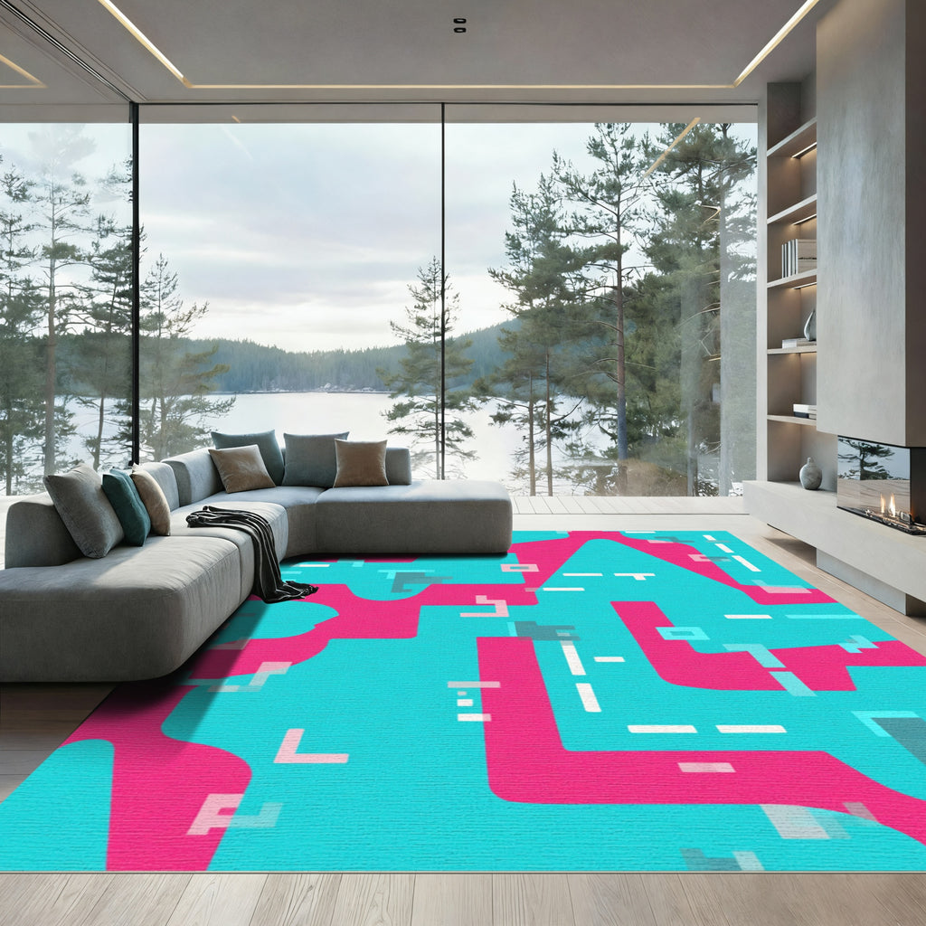 Circuit Board Pink Teal Abstract Lines Rug