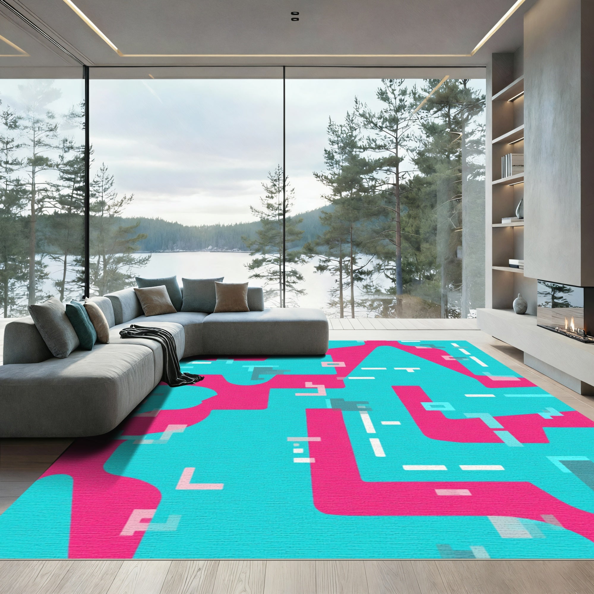 Circuit Board Pink Teal Abstract Lines Rug