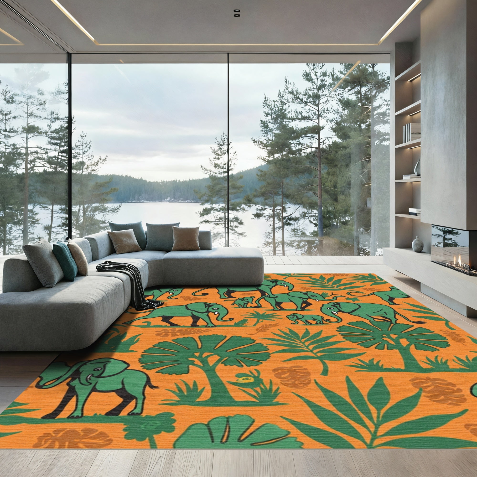 Green Elephant Tropical Jungle Whimsy Rug