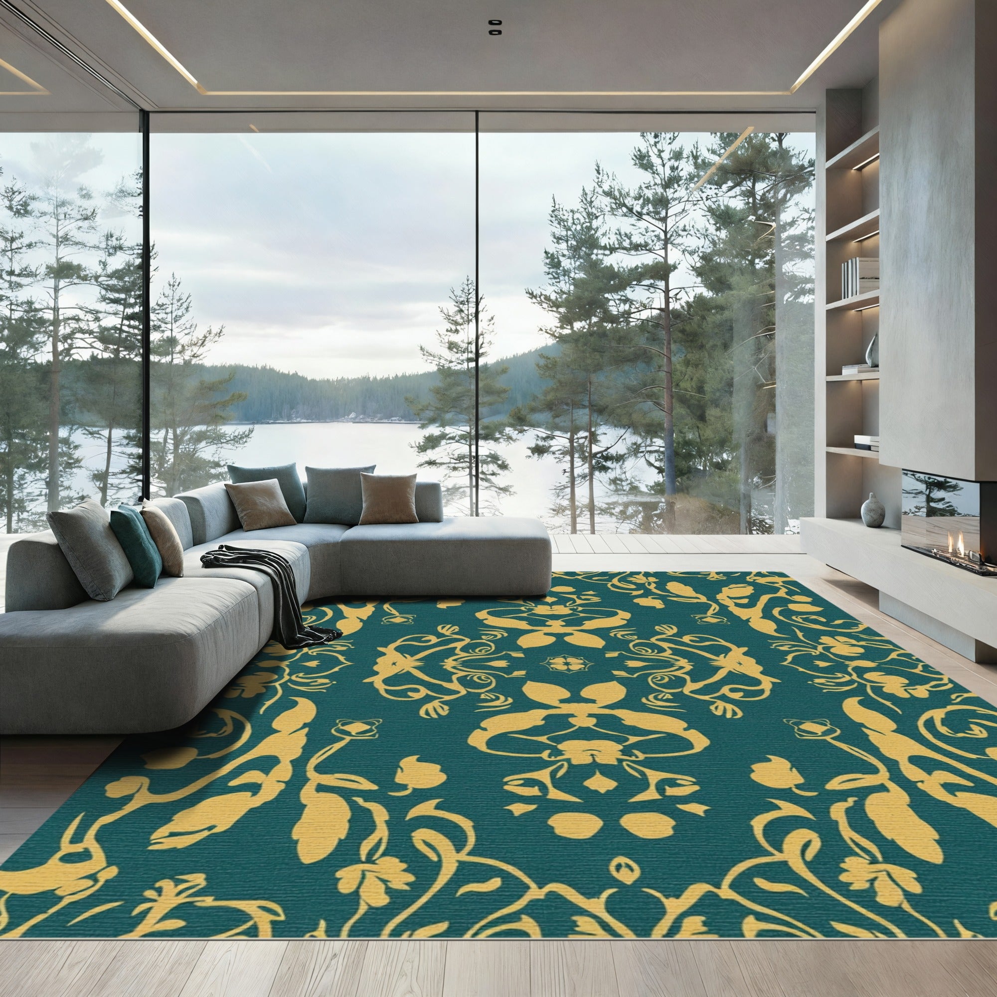 Rich Amber Floral Scroll Symmetrical Rug