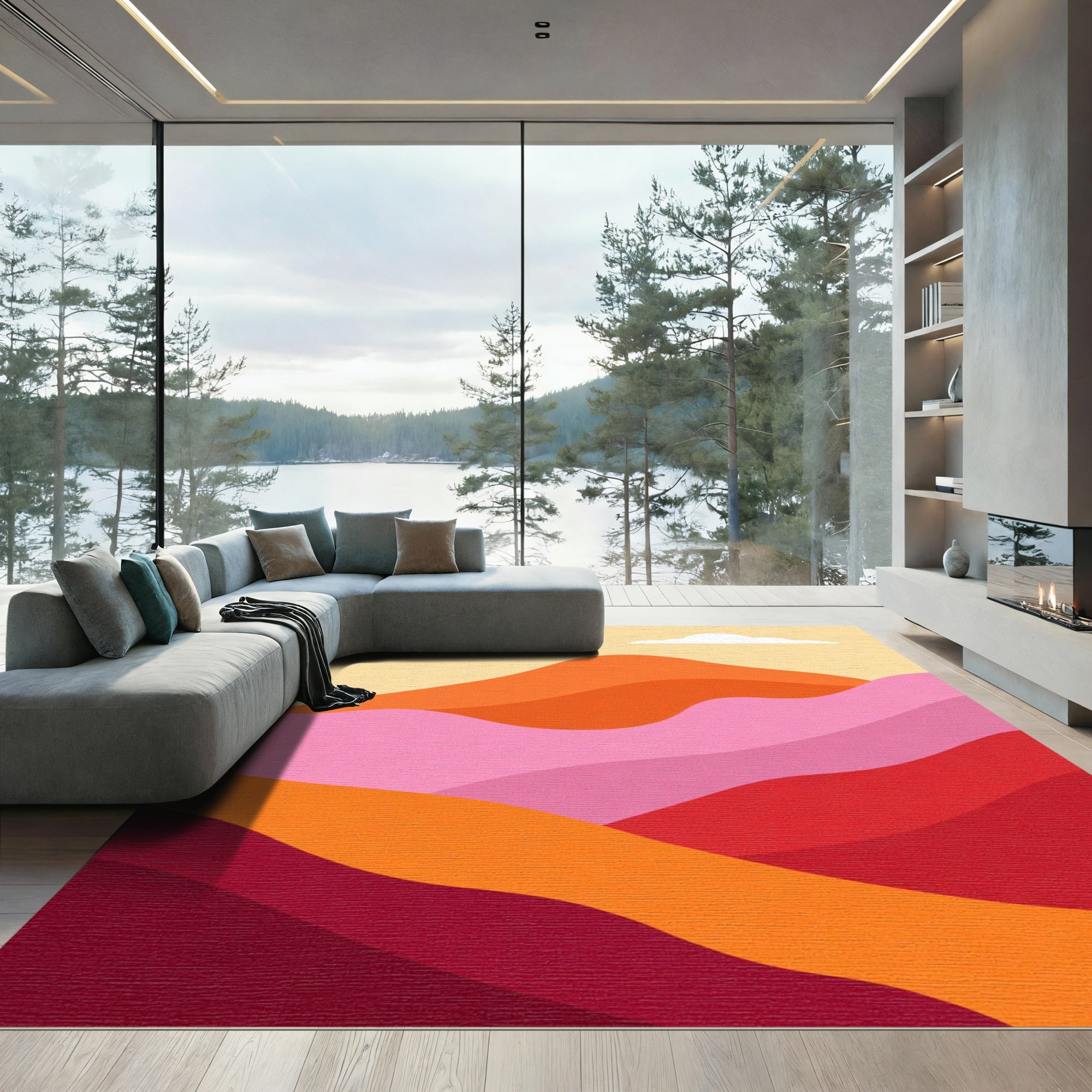 Crimson Pink Abstract Mountain Landscape Rug