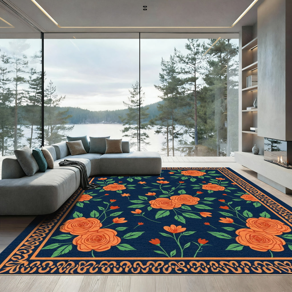 Orange Rose Garden Border Rug