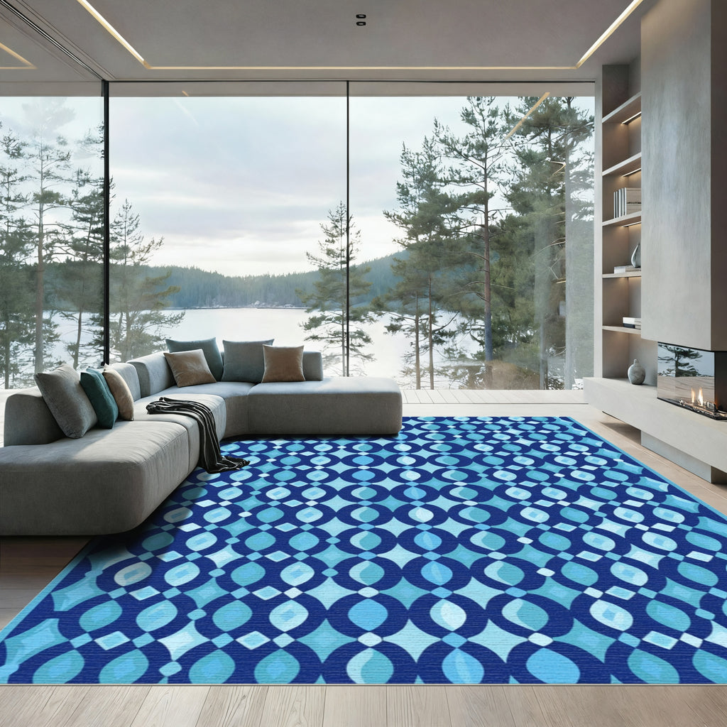 Oceanic Blue Geometric Chain Rug