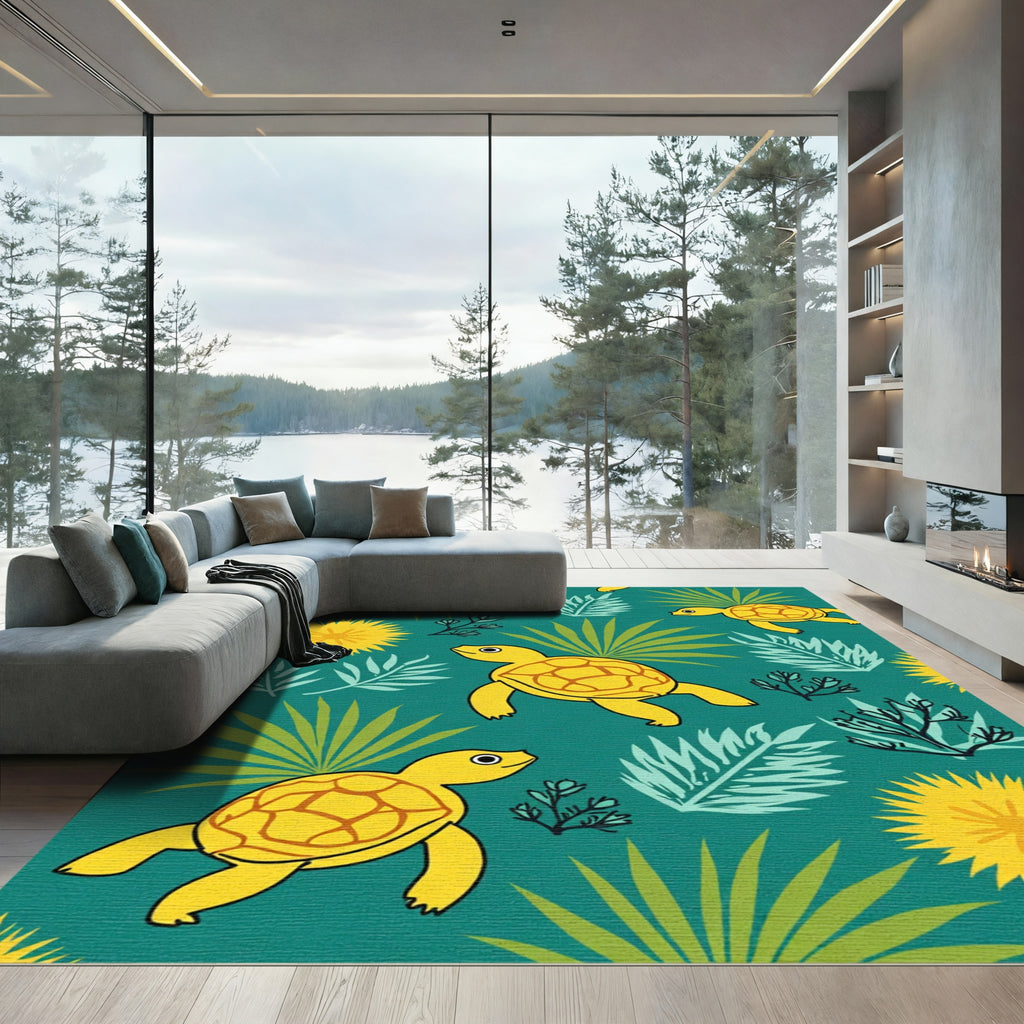 Whimsical Yellow Turtles Tropical Ocean Rug
