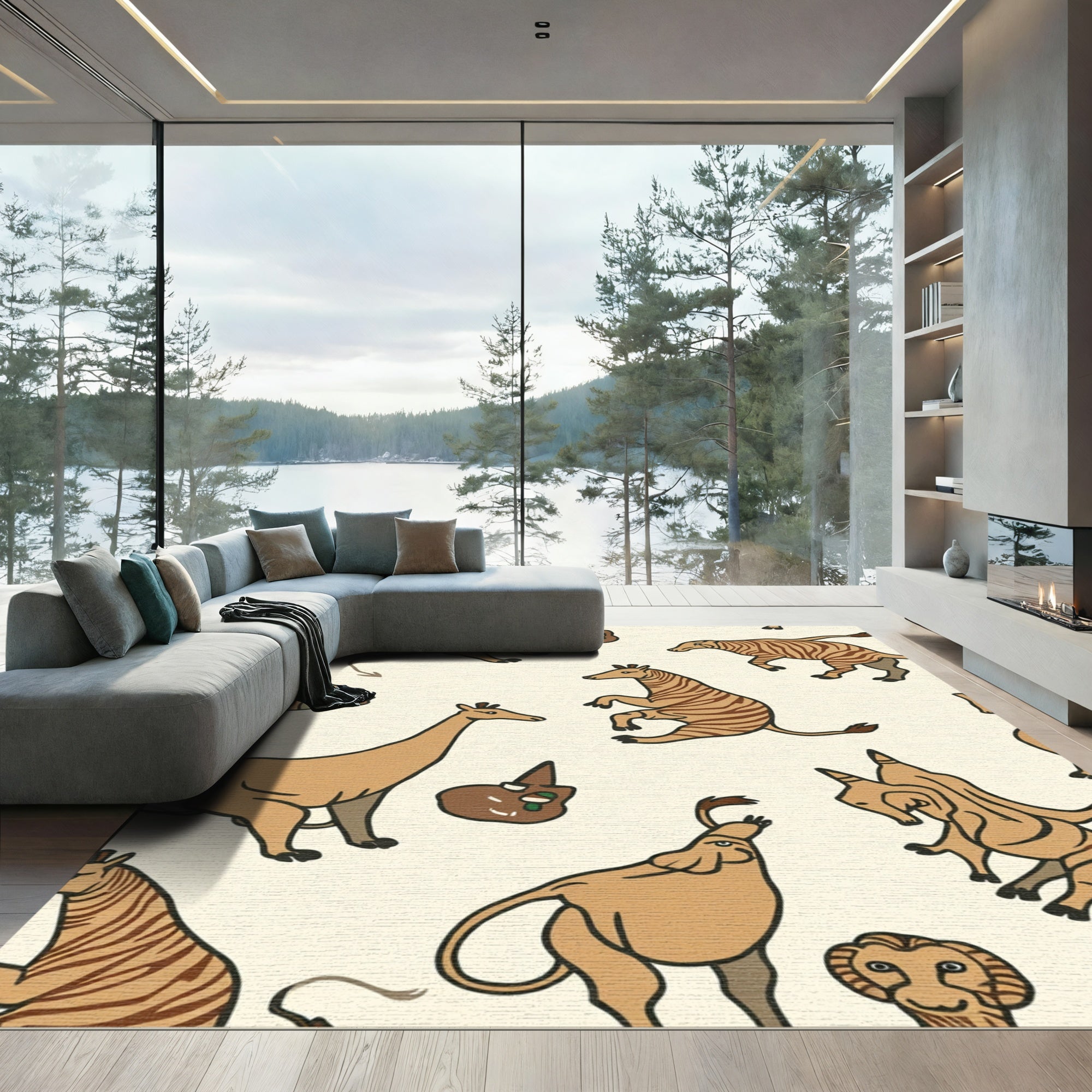 Brown Striped Animal Safari Collage Rug