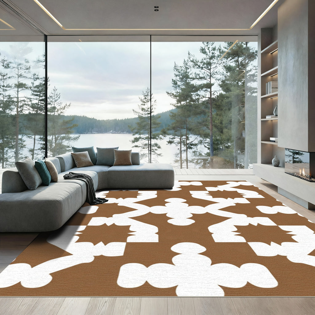 Brown And White Geometric Starburst Rug