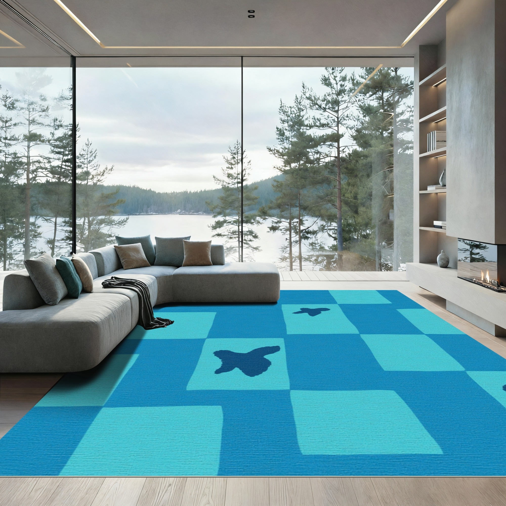 Blue Flying Birds Checkerboard Rug