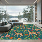Whimsical Giraffe Floral Garden Teal Rug