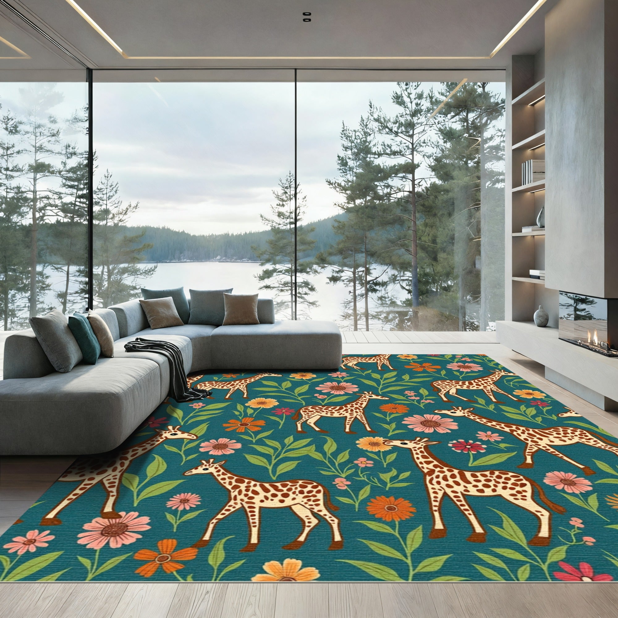 Whimsical Giraffe Floral Garden Teal Rug