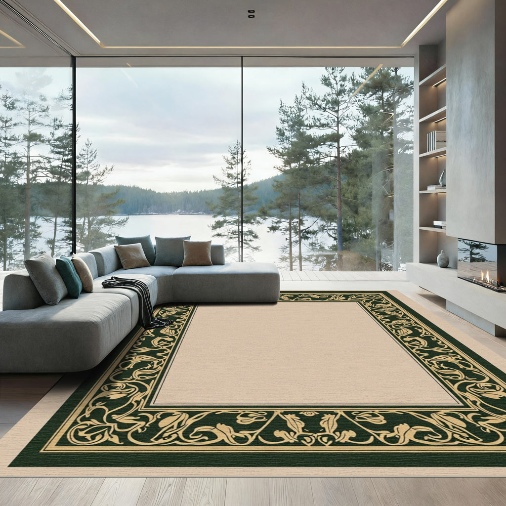 Ornate Evergreen Floral Border Rug
