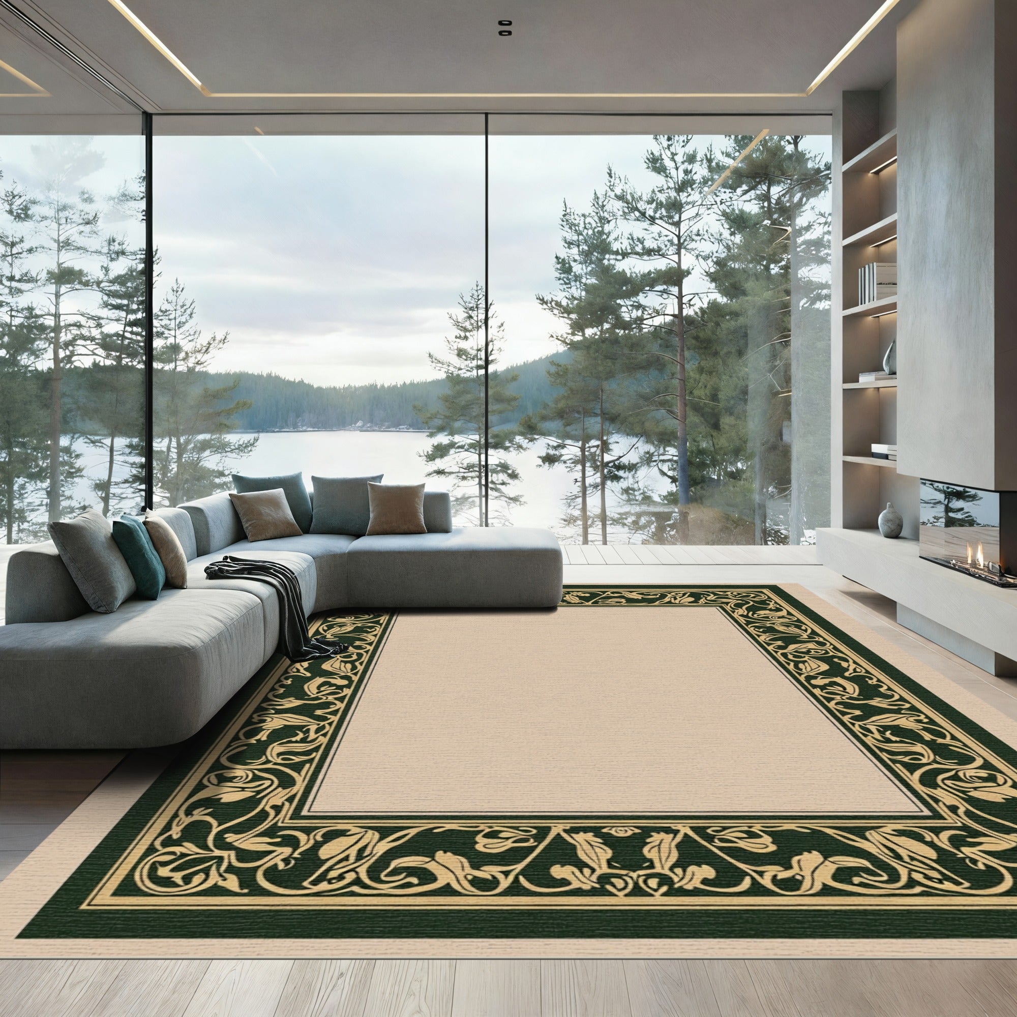 Ornate Evergreen Floral Border Rug