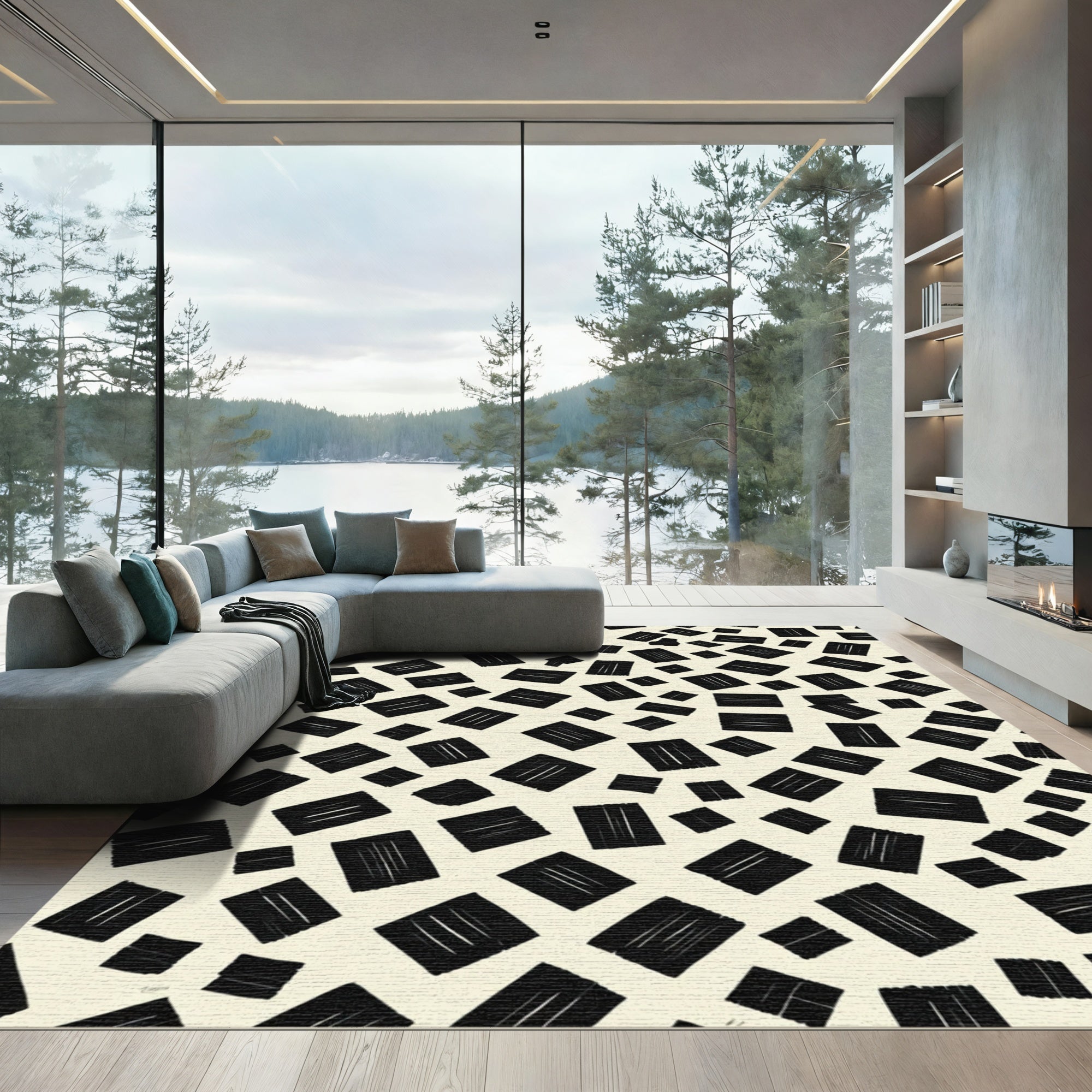 Black White Scattered Rectangles Rug