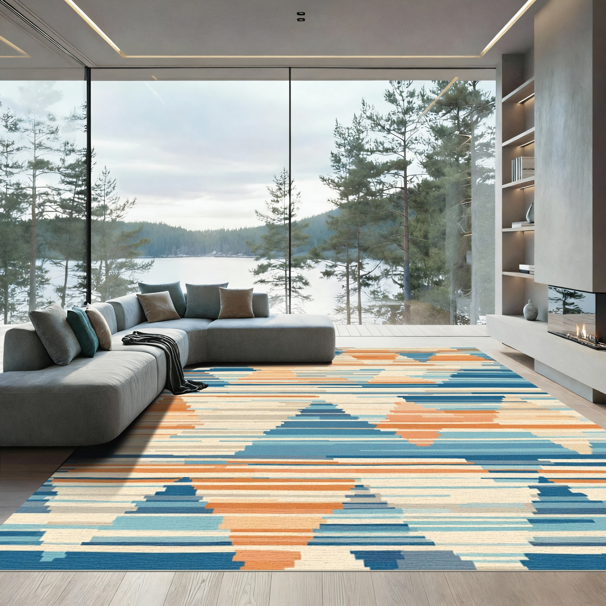 Abstract Chevron Blue Orange Geo Rug