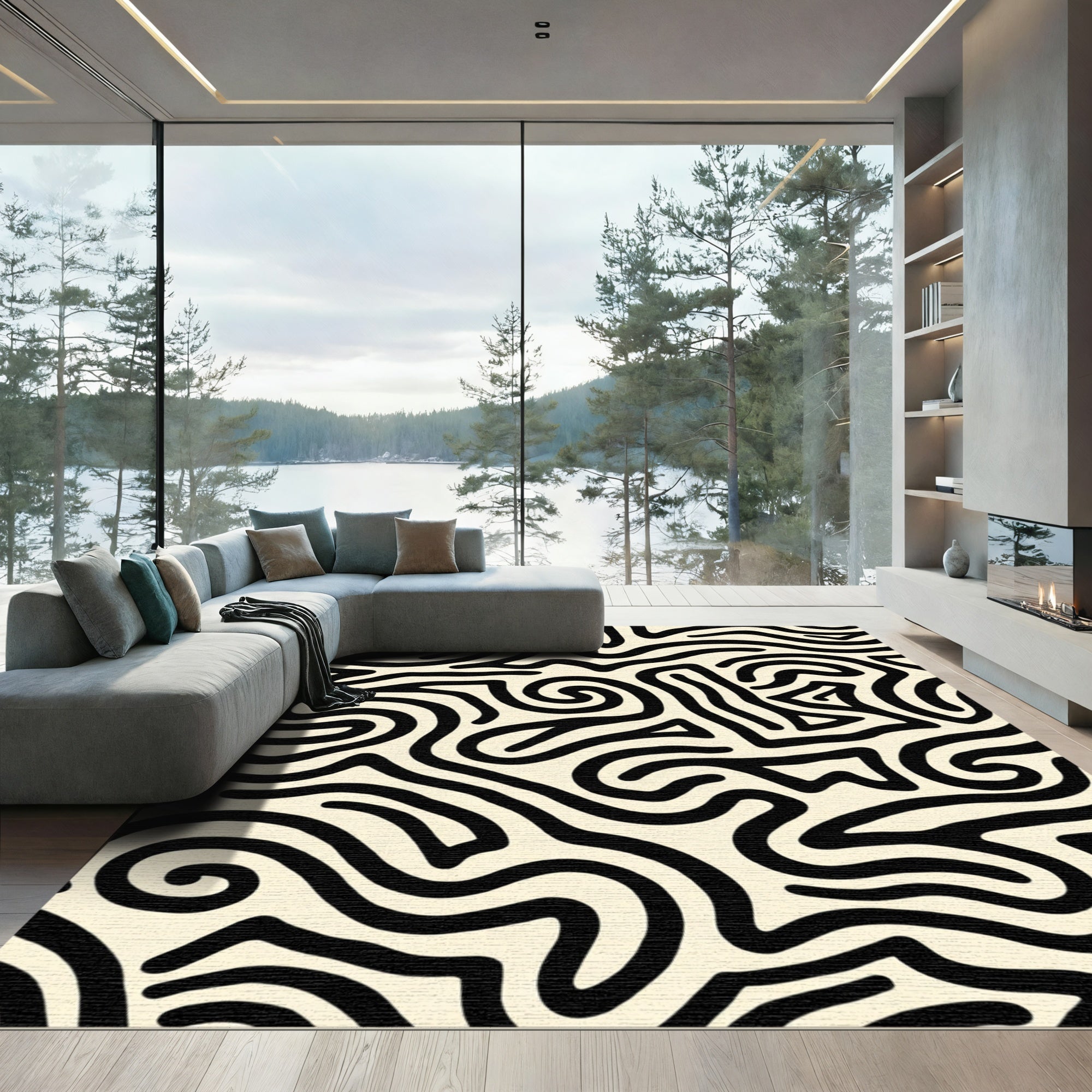 Black Off White Swirling Maze Rug