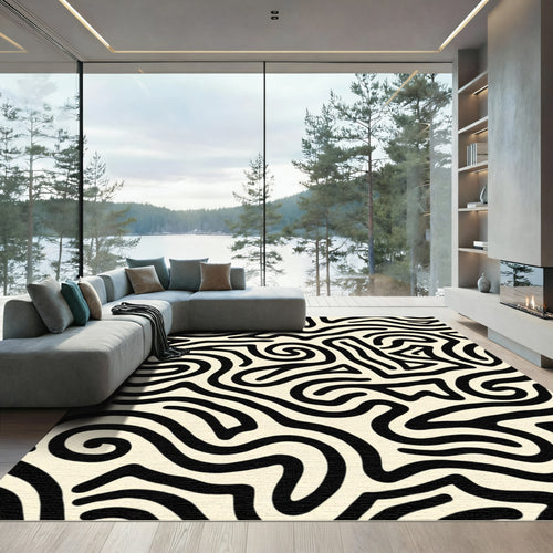 Black Off White Swirling Maze Rug