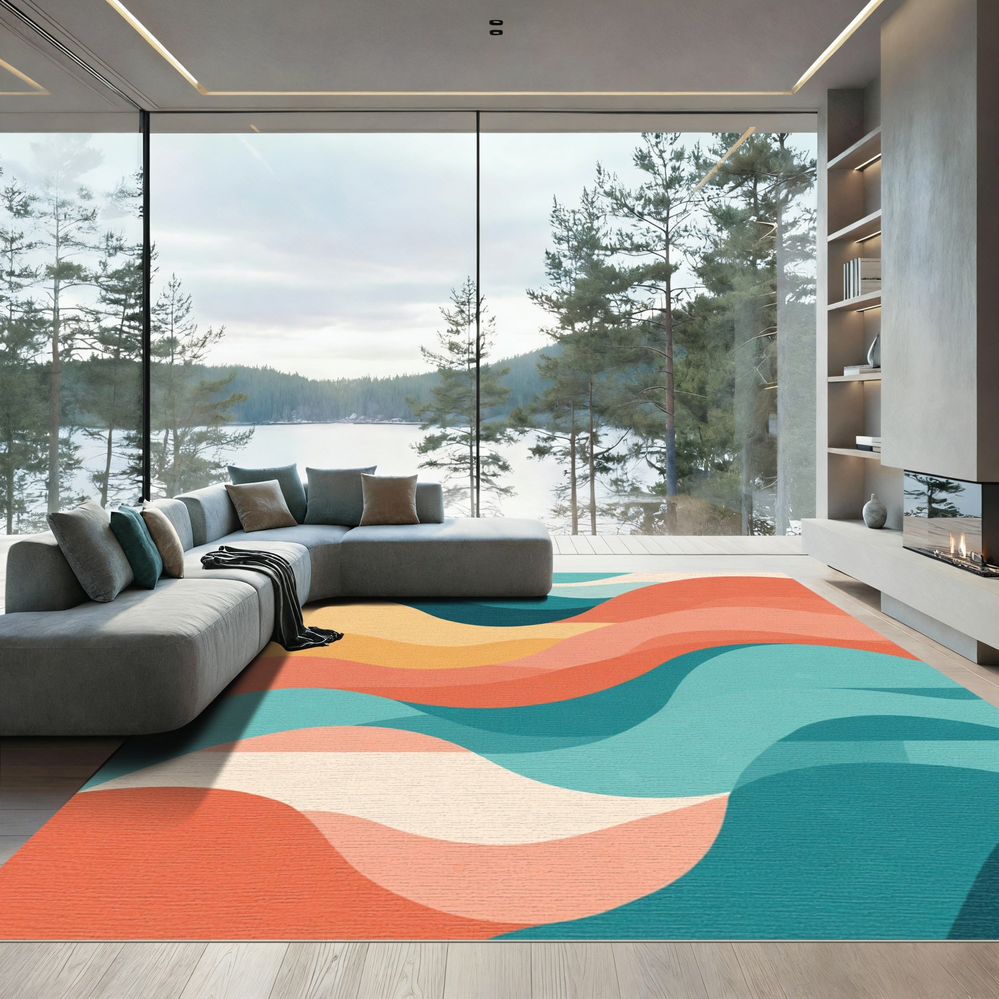 Coral Teal Abstract Wave Landscape Rug