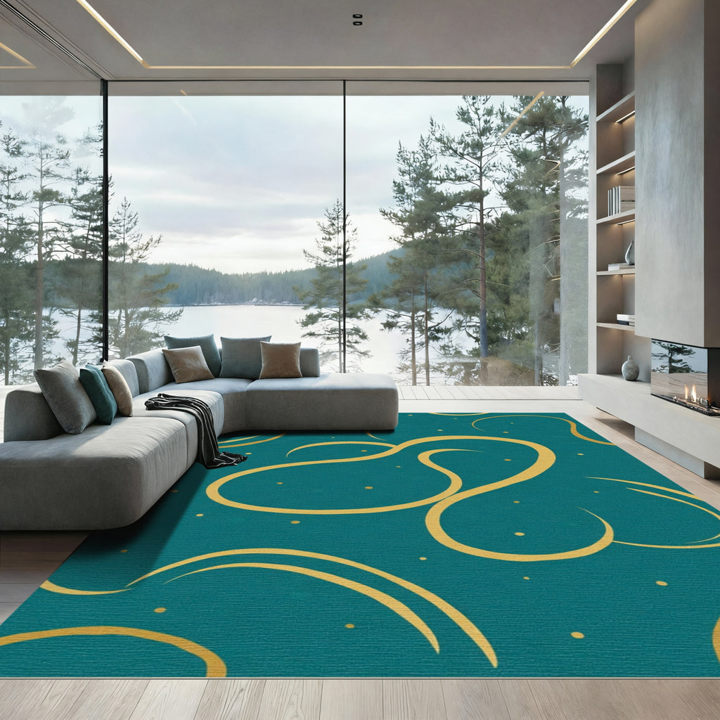 Teal and Gold Swirling Lines Rug