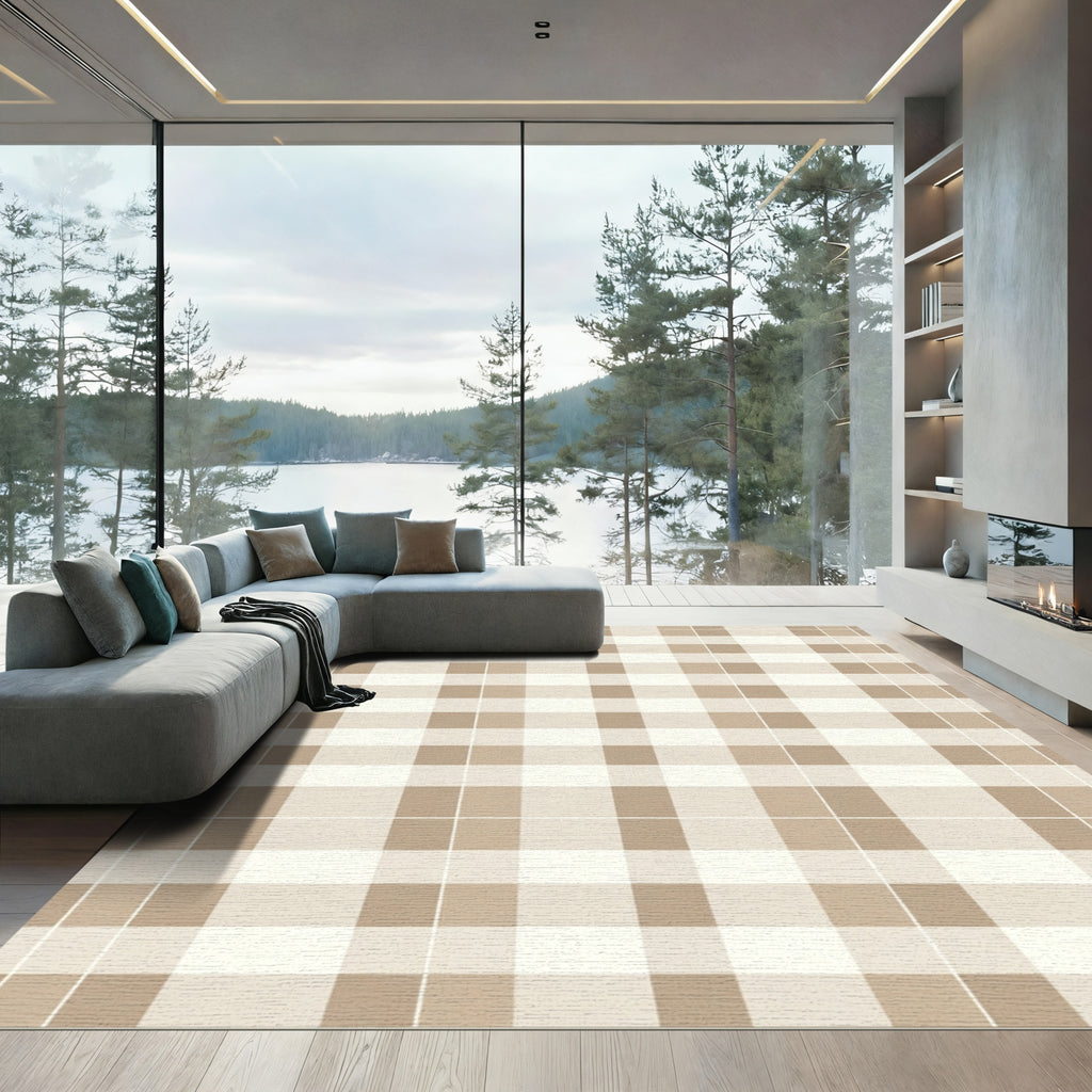 Neutral Beige Plaid Squares Rug
