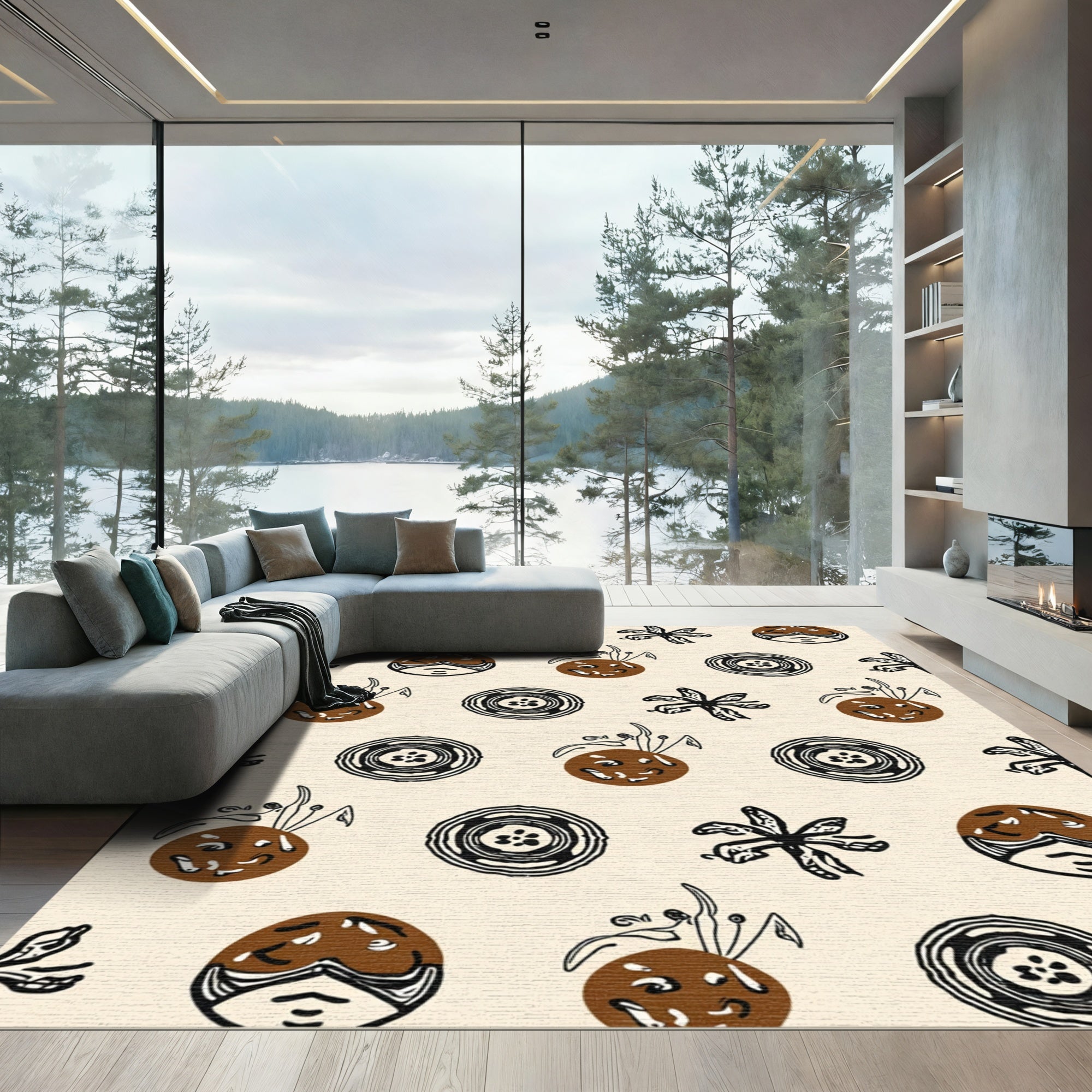 Earthy Brown Botanical Face Circles Rug