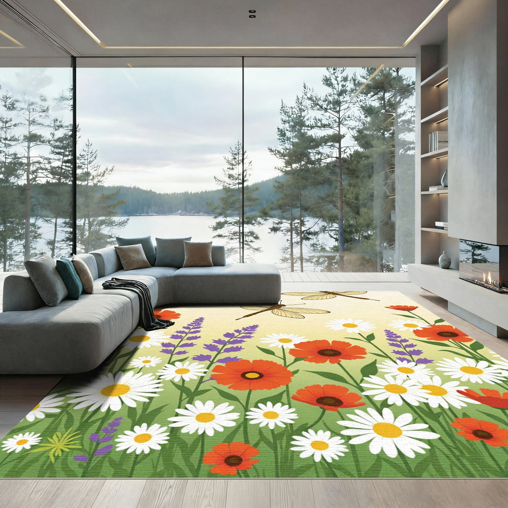 Golden Dragonfly Meadow Floral Garden Rug