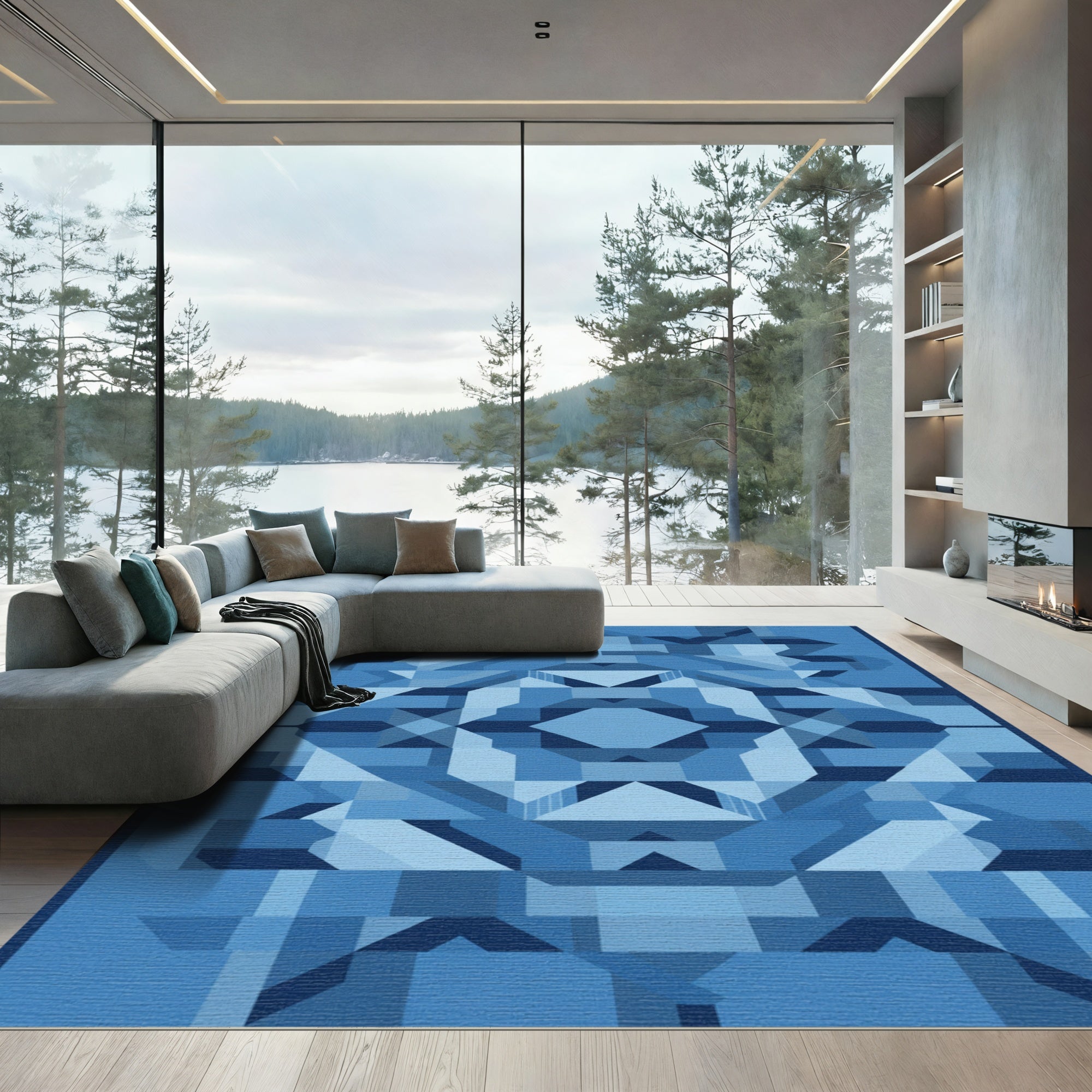 Shades of Blue Geometric Architectural Rug