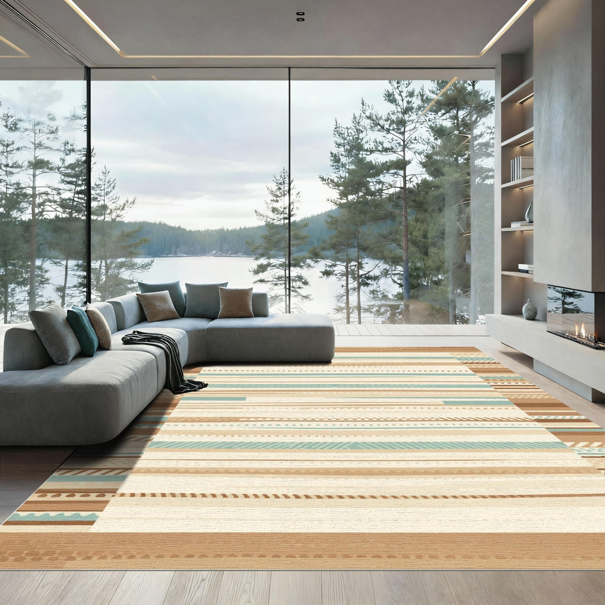 Earthy Neutral Stripes Geometric Edges Rug