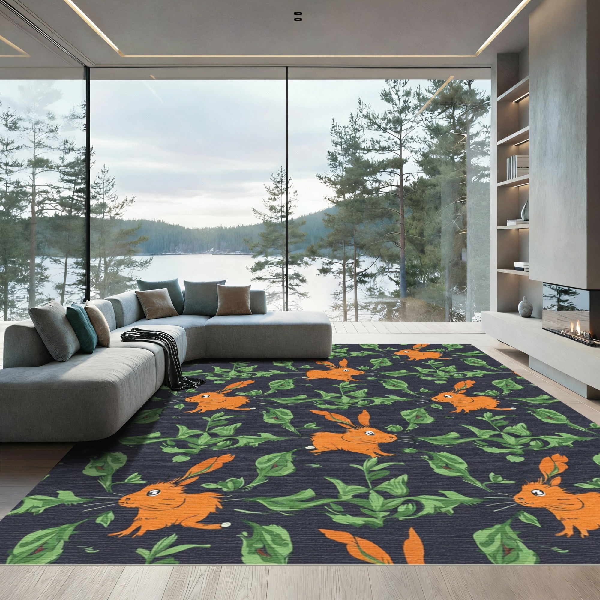 Whimsical Orange Rabbits Green Foliage Rug