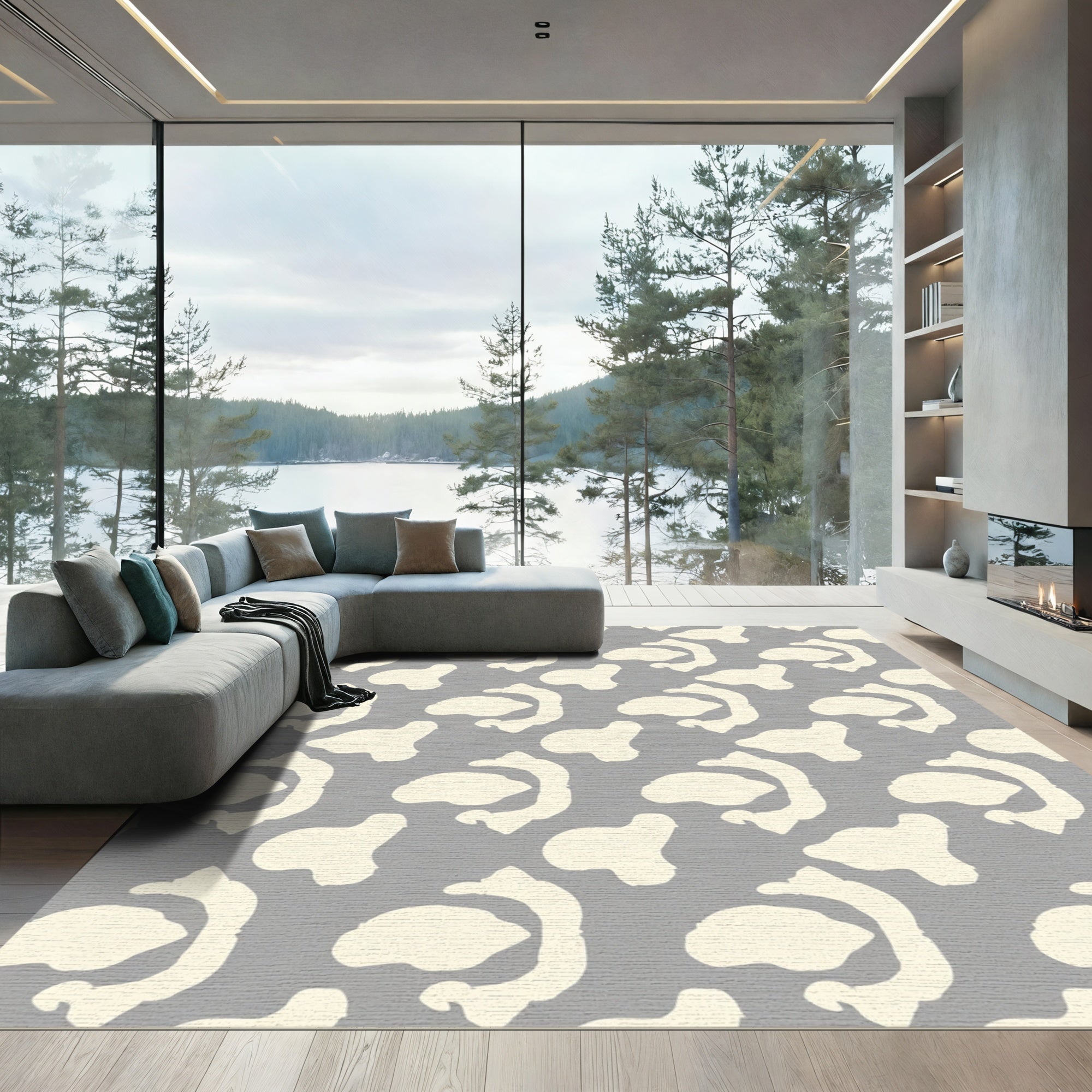 Cream And Gray Organic Shapes Rug