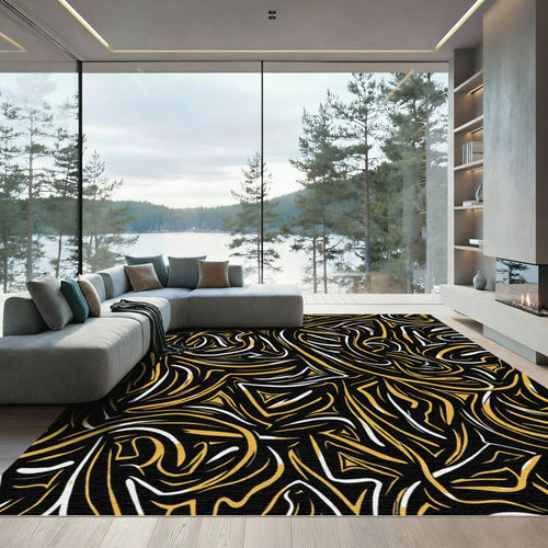 Abstract Golden Swirls Modern Rug