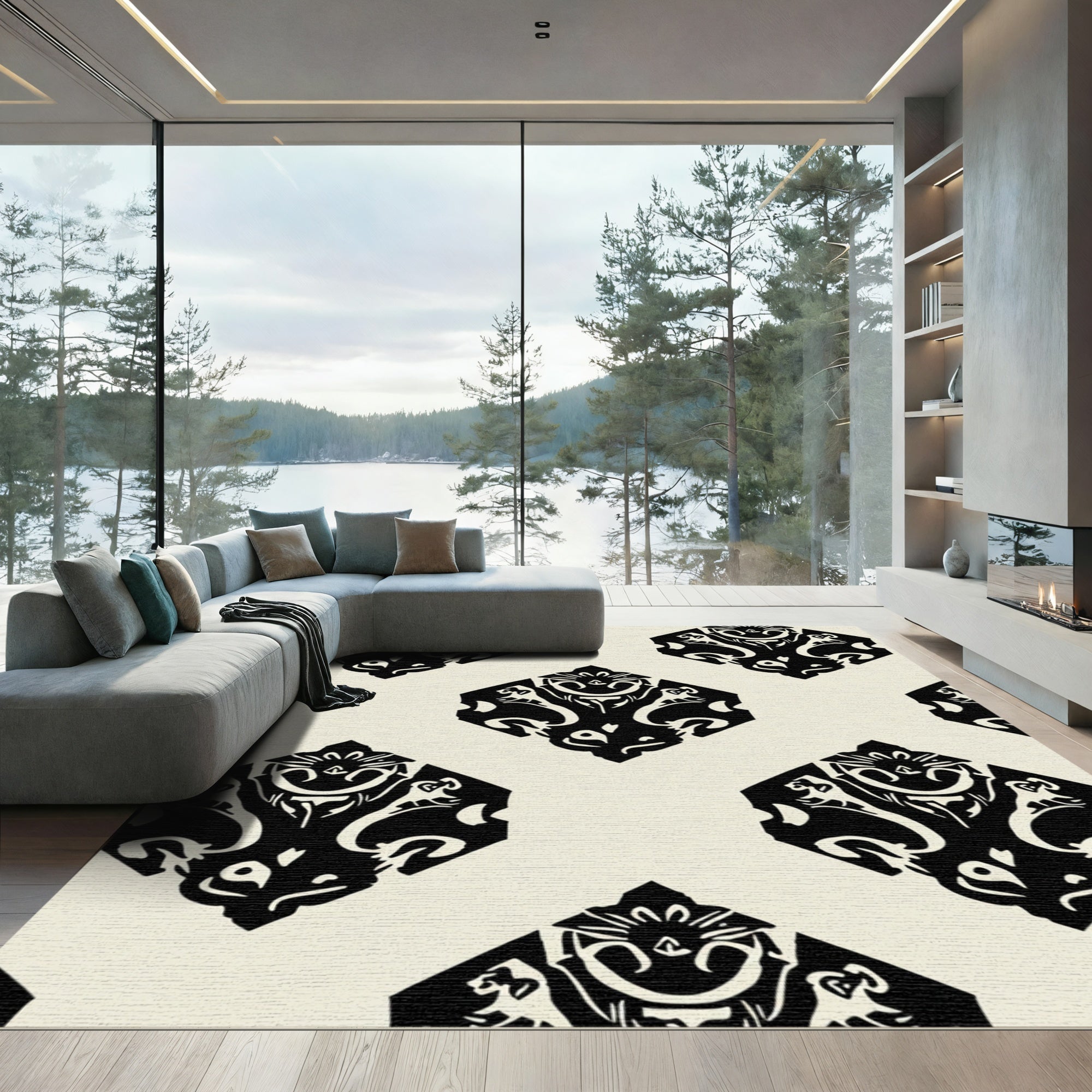 Black Diamond Damask Medallion Rug