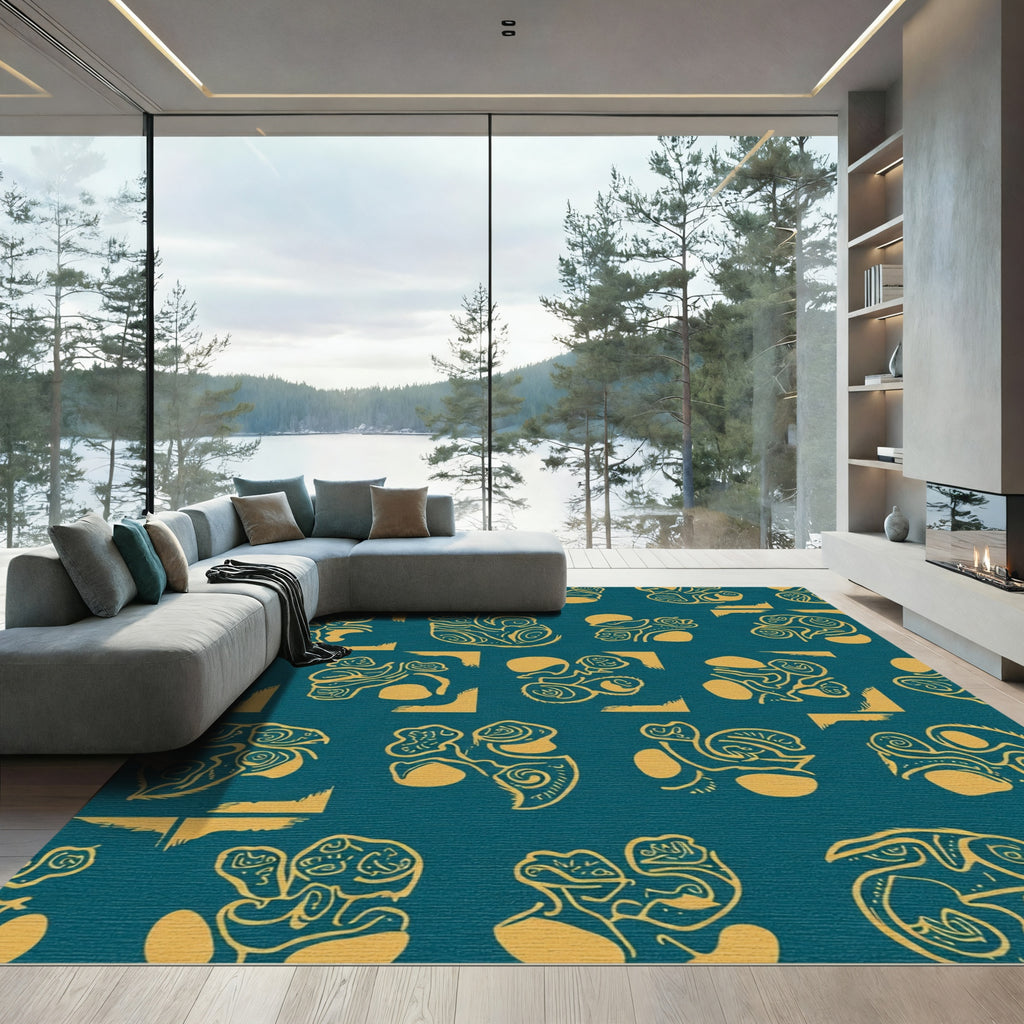Abstract Golden Figures Teal Background Rug