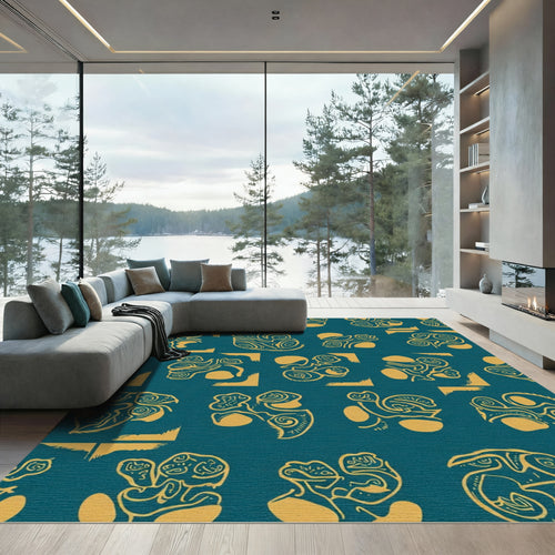 Abstract Golden Figures Teal Background Rug
