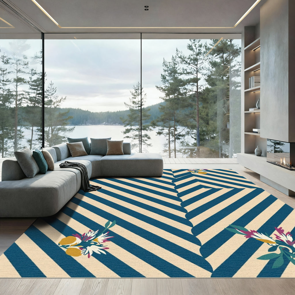 Navy Cream Diagonal Stripe Floral Rug
