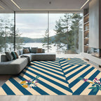 Navy Cream Diagonal Stripe Floral Rug